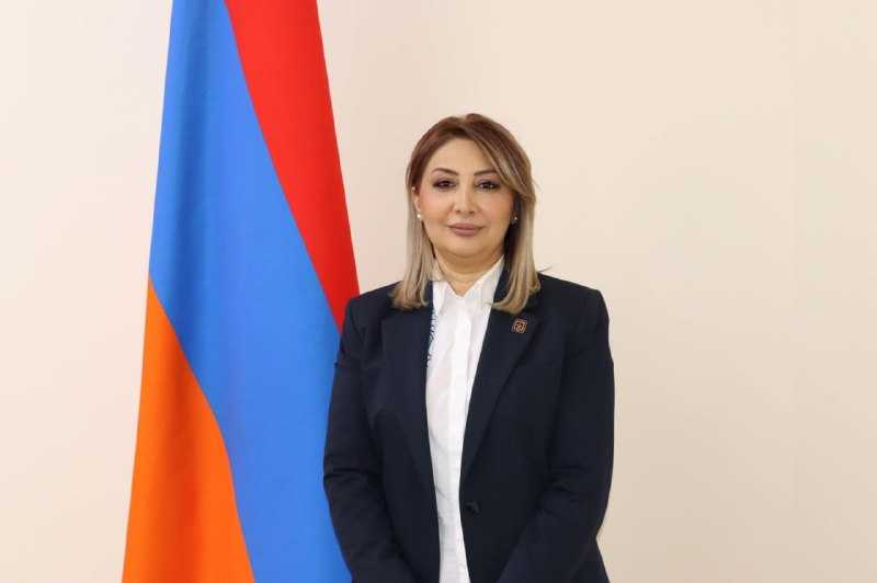 Роза Бабаян, новый замминистра труда Армении, на фоне здания правительства в Вайке