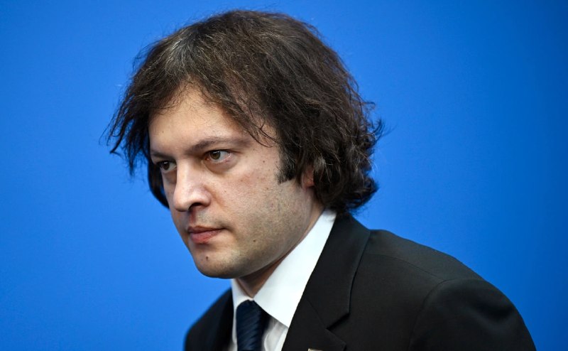 Ираклий Кобахидзе, премьер-министр Грузии, на фоне грузинского флага